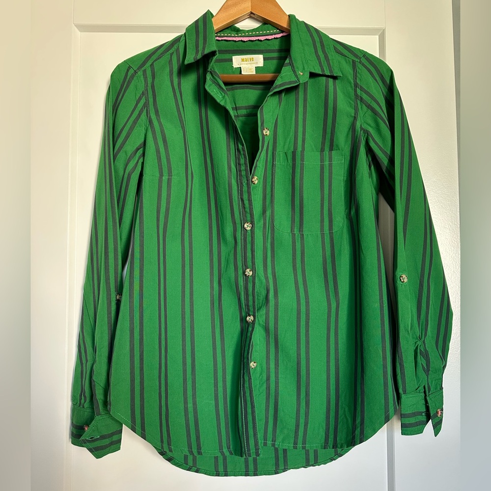 Anthropologie | Maeve Green Striped Button-Up Shirt (size US 4)